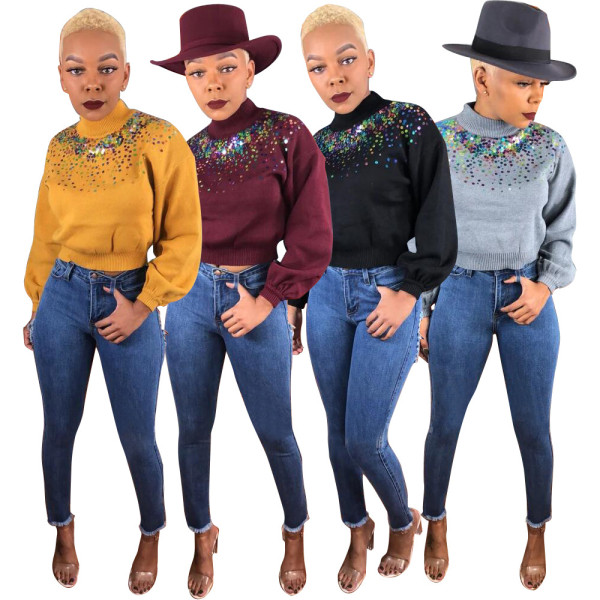 Spring Leisure Sequin Round Neck Top X9102