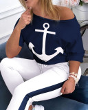 Women's two-piece short sleeve T-shirt navy sports suit anchor print AL077