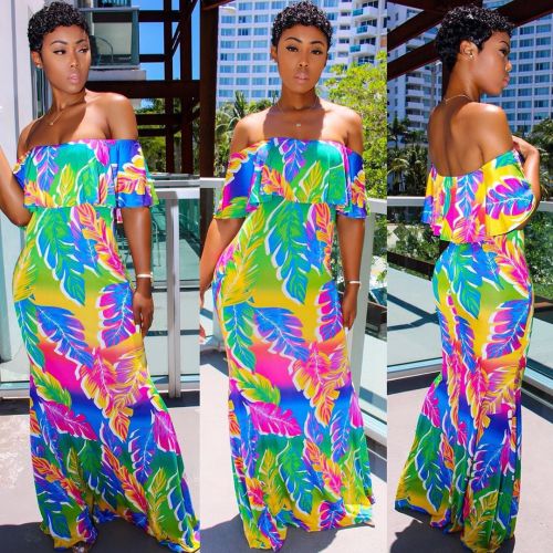 Printing Overlay Off Shoulder Floor Length Dress For Vacation AA5077