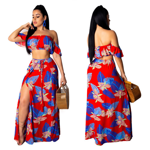 Floral Print Skirt Suits Ruffle Strapless Top Long Dress X9118