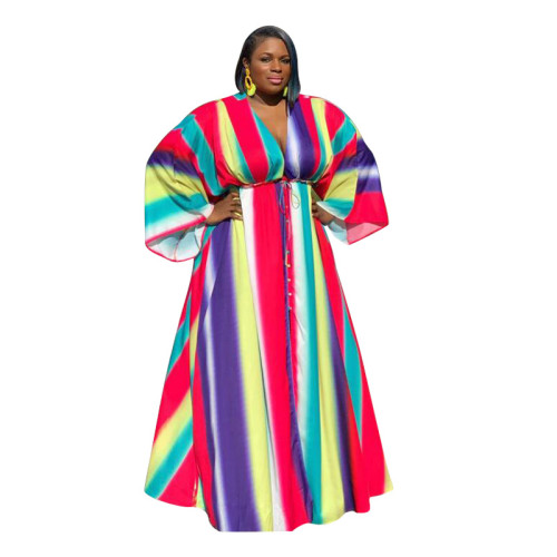 Loose Fitting Multicolor Stripe Long Sleeves Maxi Dress HSY1891