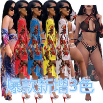 Bandage Bra Top Hollow Out Panty With Long Printing Cloak D8095