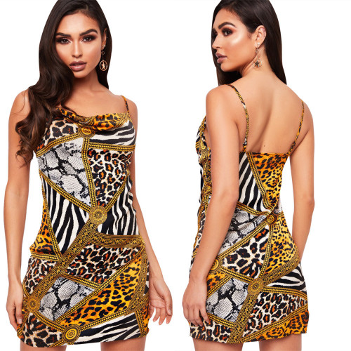 Factory Price Leopard Print Spaghetti Strap Dress LS6217