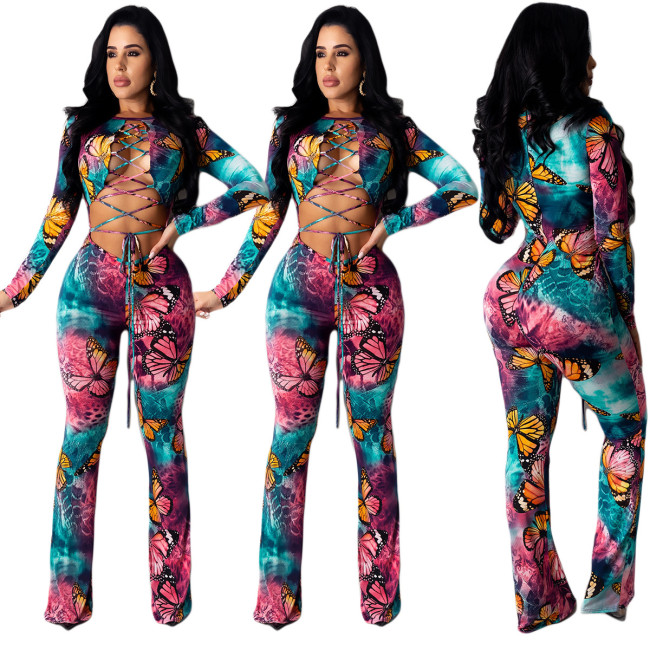 Butterfly print sexy ladies jumpsuit strap style YY5176