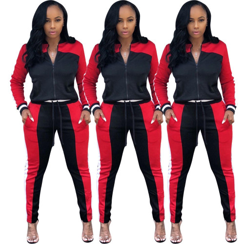 Red Black Patchwork Zipper Outfits ARM8035
