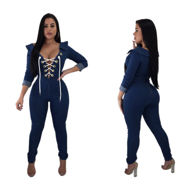 Sexy Bandage Slim Bodycon Zip Up Denim Jumsuit JLX8698