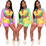 Color Block Elastic Long Sleeves Shorts Sets Outfits QZ5240
