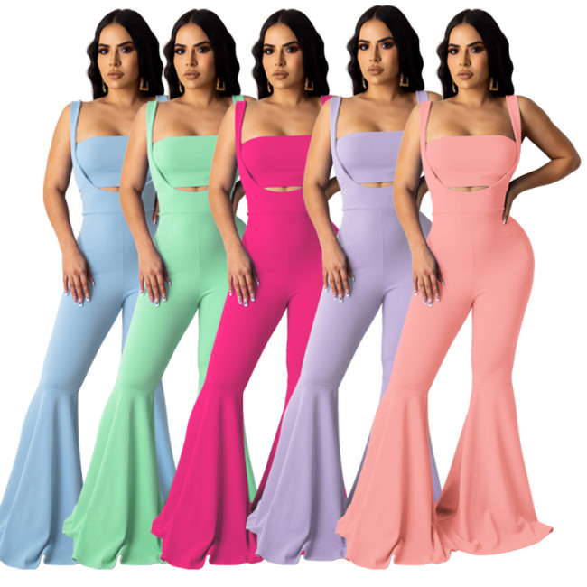 Strapless Top Strappy Flared Pants Summer Pure Color Outfits MY9596
