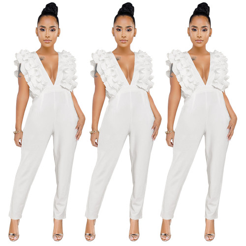 New Design Ladies Ruffle Deep V Collar White Jumpsuit GL6158
