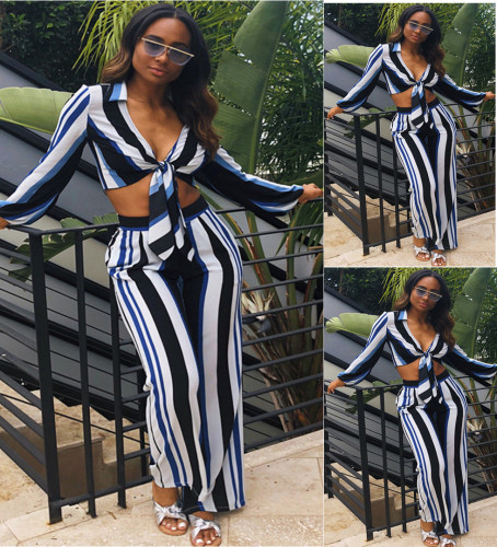 Casual Suits Long Sleeves Tied Top Striped Pants AFY8819