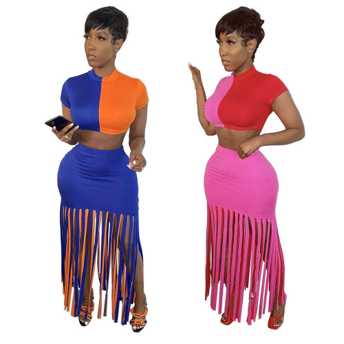 Short Sleeved Color Block Crop Top Tassel Wrap Skirt Slim Suits LYY9229