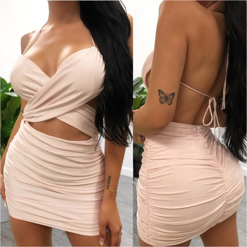 Sexy Women's Pure Color Pleated Halter Halter Dress SH7129