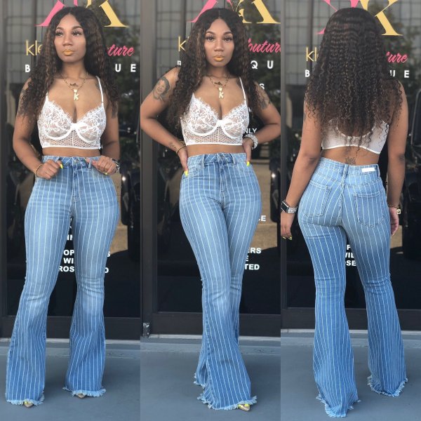 Casual Striped Jeans High Waist Denim Flares Pants LA3118