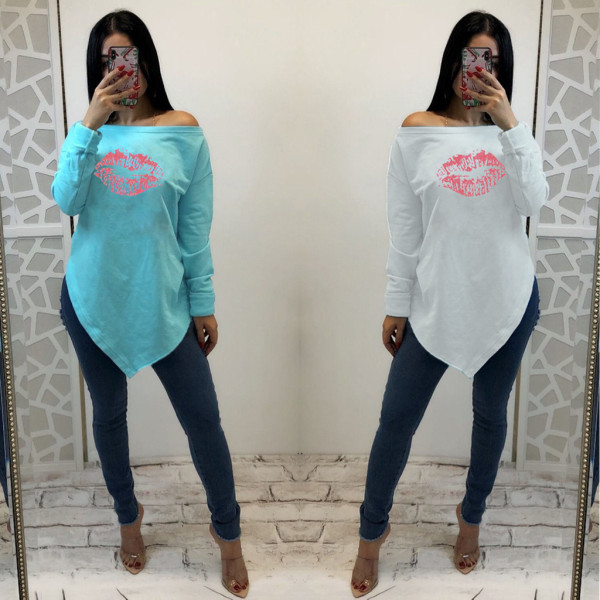 Casual Lip Print Irregular Long Sleeves Women Top ML7176