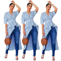 Irregular Blue And White Stripe Women Shirts YMT6073