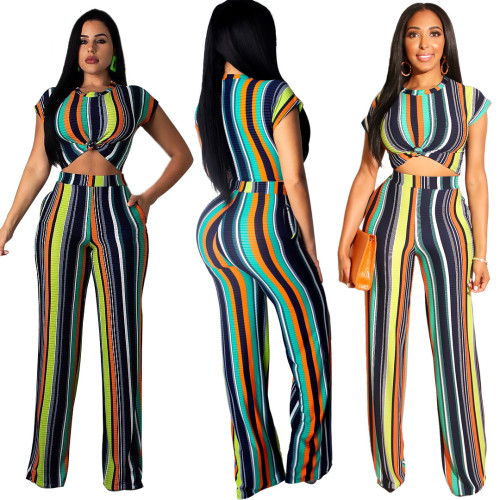 Colorful Striped Print Crop Tops Wide Leg Pants Sets LA3085