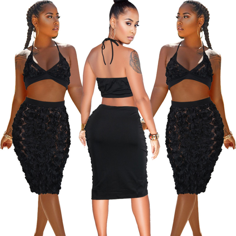 Black Halter Bra Top Midi Skirts Two Pieces Sets SY8223