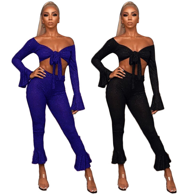 Shiny Outfits Long Sleeves Crop Top Bodycon Flares Pants MY9502