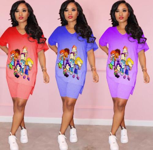 Two-piece set of split shorts in front and back of the gradient cartoon top SM9080