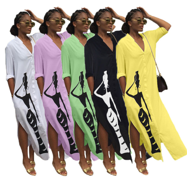 Online Sale Ladies 5 Colors V Collar Leisure Split Long Dress LML042
