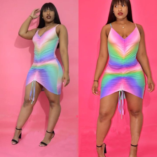 Sling Rainbow Printing Nightclub Dress LZ-617