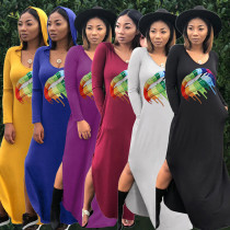 Leisure Lip Printing Long Sleeves Hooded Split Dress ALS130