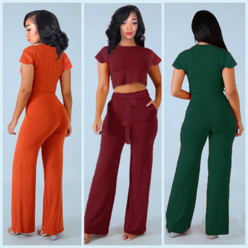 Leisure Solid Color Women Suits Crop Top Straight Pants OMY5033