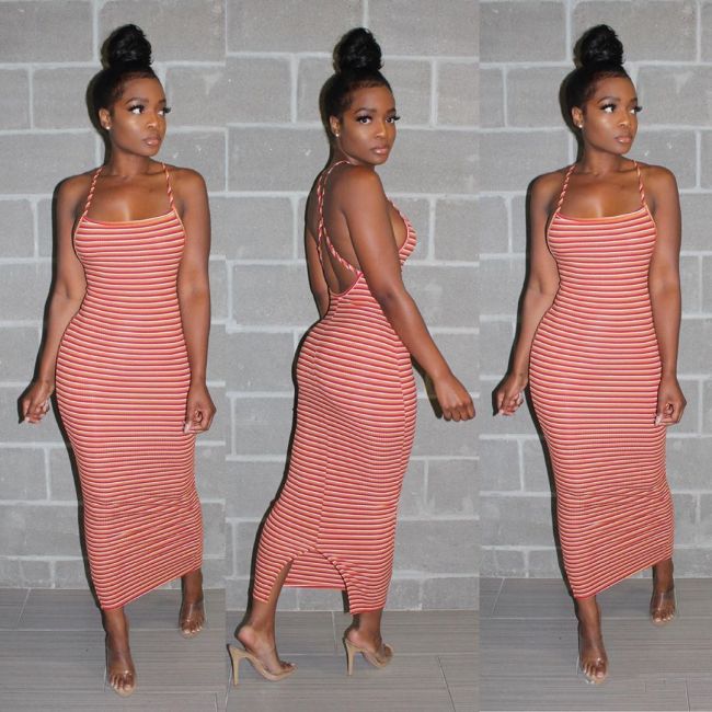 Striped Backless Women Bodycon Spaghetti Strap Long Dress KA7054