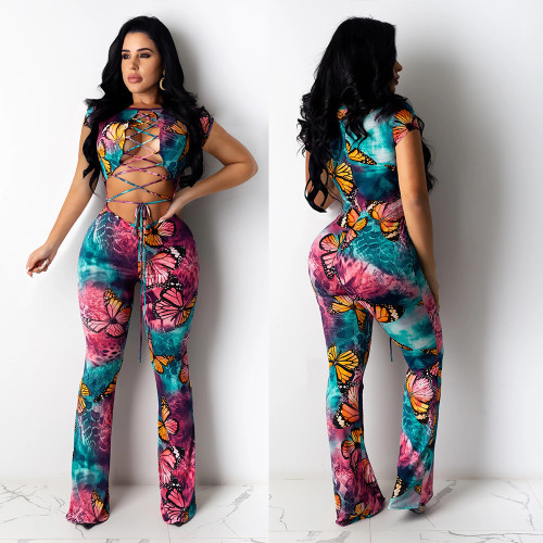 Sexy Butterfly Printed Waistless Lace-Up Jumpsuit KA7097