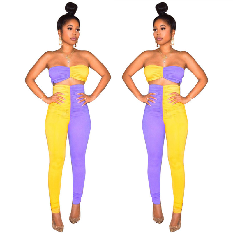 Contrast Color Pleated Suits Strapless Top High Waist Slinky Pants LS6238