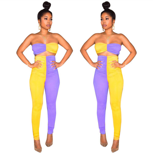 Contrast Color Pleated Suits Strapless Top High Waist Slinky Pants LS6238