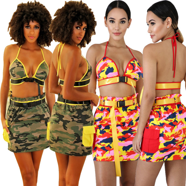 Fashion Bandage Bra Top Camouflage Wrap Skirt T3311H