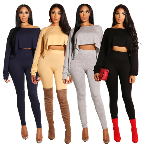 Women Solid Color Spring Outfits Crop Top Slinky Leggings X9103