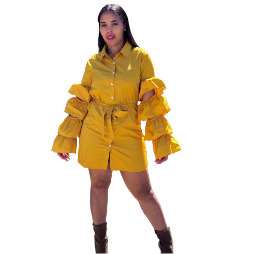 Casual Women Lantern Sleeves Yellow Mini Dress DN8183
