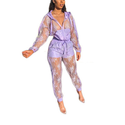 Sexy Lace Patchwork Women Purple Hooded Long Suits C2029