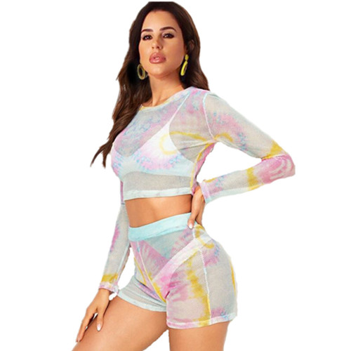 Tie-Dye Perspective Suits Long Sleeve Top Mesh Shorts DN8270