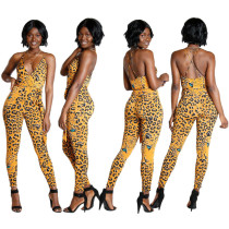 Summer Hot Leopard Print V Neck Tight Jumpsuit N9091-1