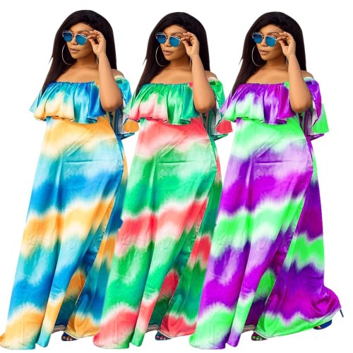 Leisure Ruffle Printing A Word Shoulder Maxi Dresses ZH5065