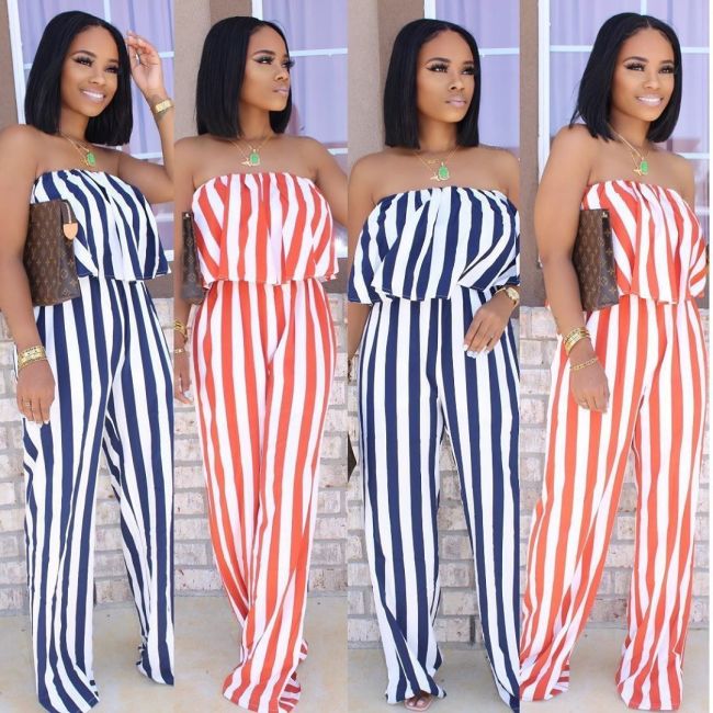 Summer striped printed ruffled sexy wrap chest open back jumpsuit SMD5005