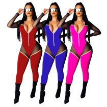 Zipper Mesh Patchwork Bodycon Jumpsuits SMR9198