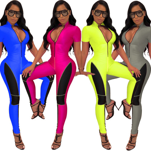 Running Zipper Color Patchwork Tight Jumpsuit For Ladies XZ3212