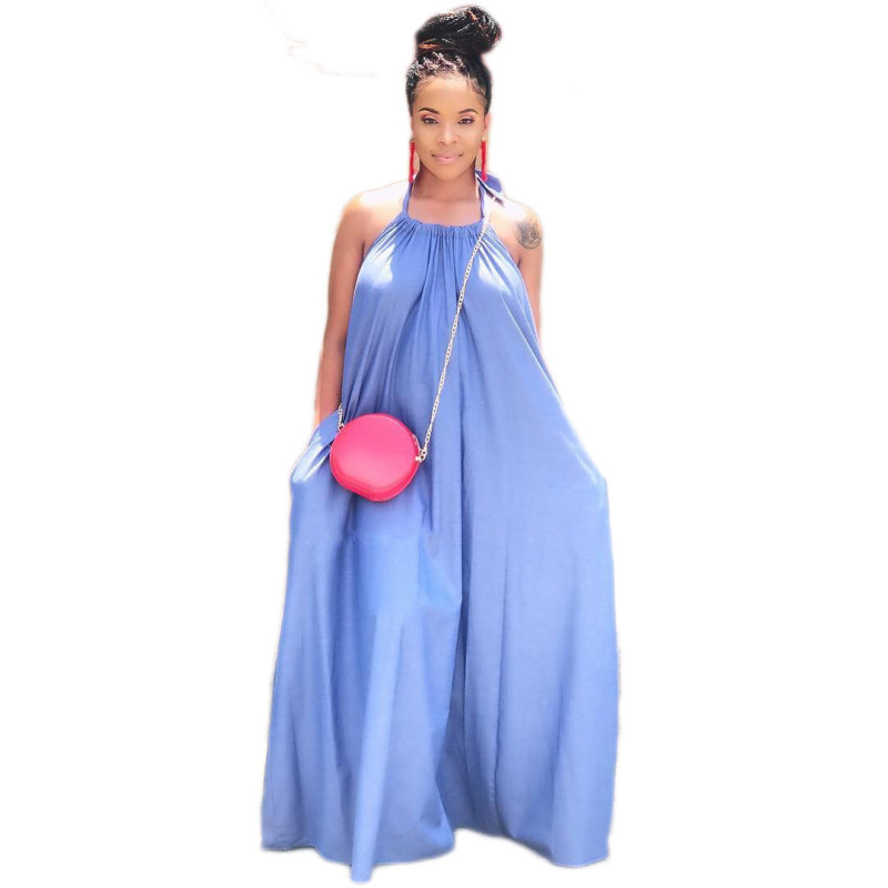 Backless Loose Fitting Women Halter Neck Blue Maxi Dress C2019