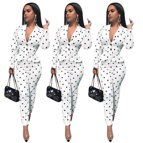 Polka Dot Elegant Outfits Ruffle Bodycon Top Pencil Pants NK051