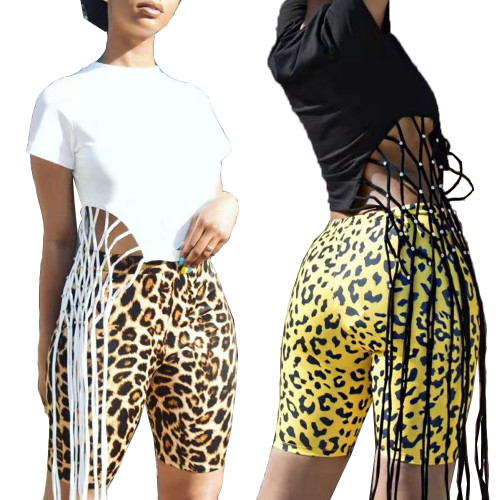 Solid Color Tassel T Shirt Leopard Printing Bodycon Shorts BN9195