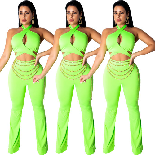 Fluorescent Green Women Halter Neck Slim Backless Jumpsuit HG5232