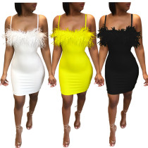 Newest Plain Color Feather Spaghetti Strap Bodycon Dress YT3166