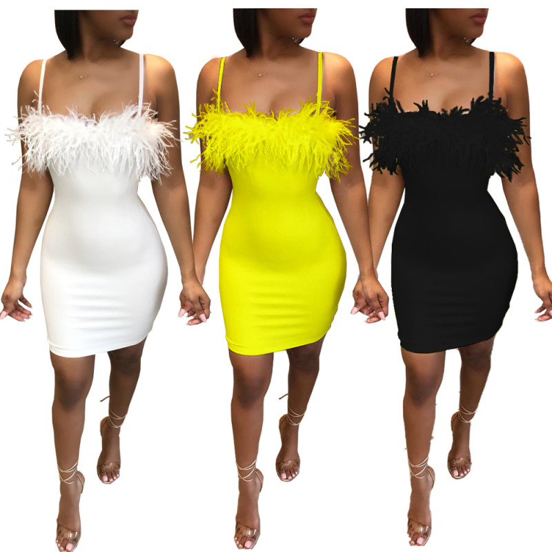 Newest Plain Color Feather Spaghetti Strap Bodycon Dress YT3166