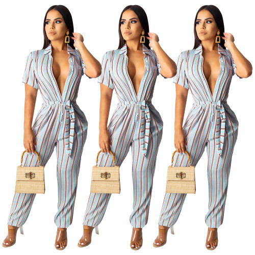 Casual Tight Button Down Stripe Jumpsuit With Belt SDD9151