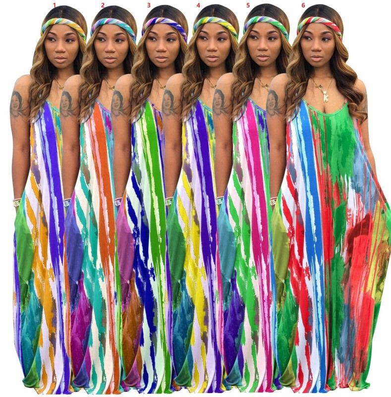 Multicolor Loose Waist Printing Condole Belt Maxi Dress SMR9365