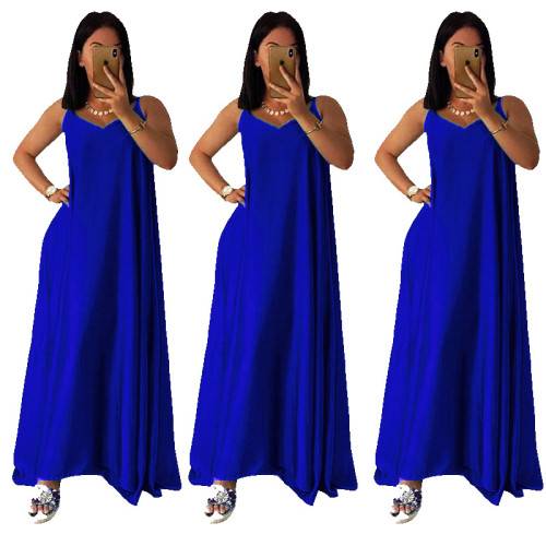 Newest Blue Loose Waist Spaghetti Strap Beach Dress MY9373